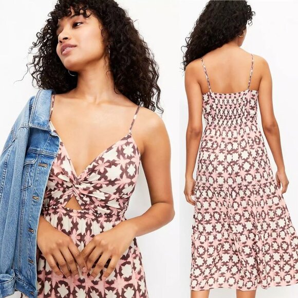 LOFT Sun Washed Floral Batik Print Twist Tiered Midi Sundress Size 4P 26542 - Picture 1 of 13